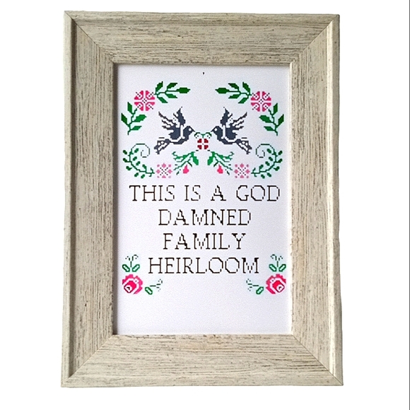 This is a god damn family heirloom funny home decor trendy faux cross stitch art - Picture 2 of 3